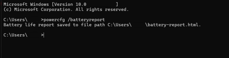 Command prompt showing battery report command