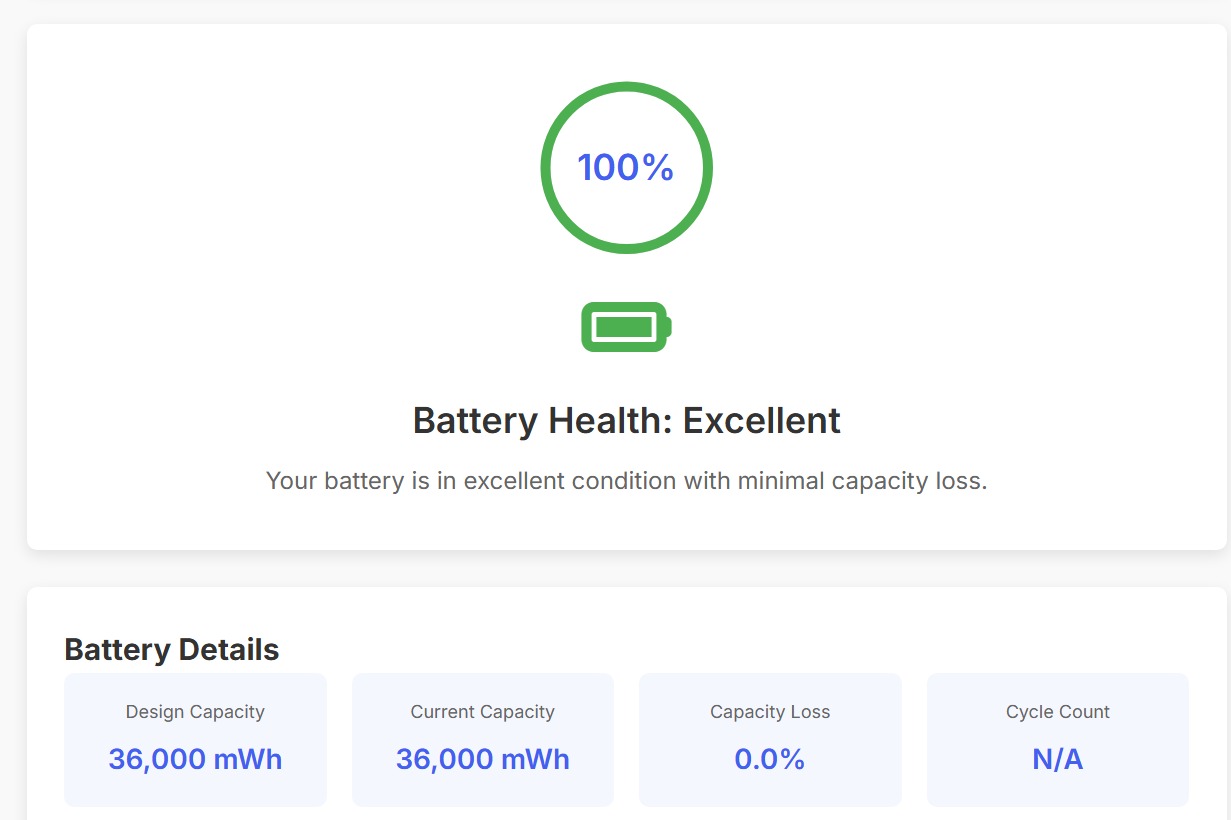 Battery health summary results